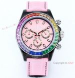 Japan Grade Rolex Rainbow Daytona Quartz Chrono Watch Pink Braided Strap 43mm